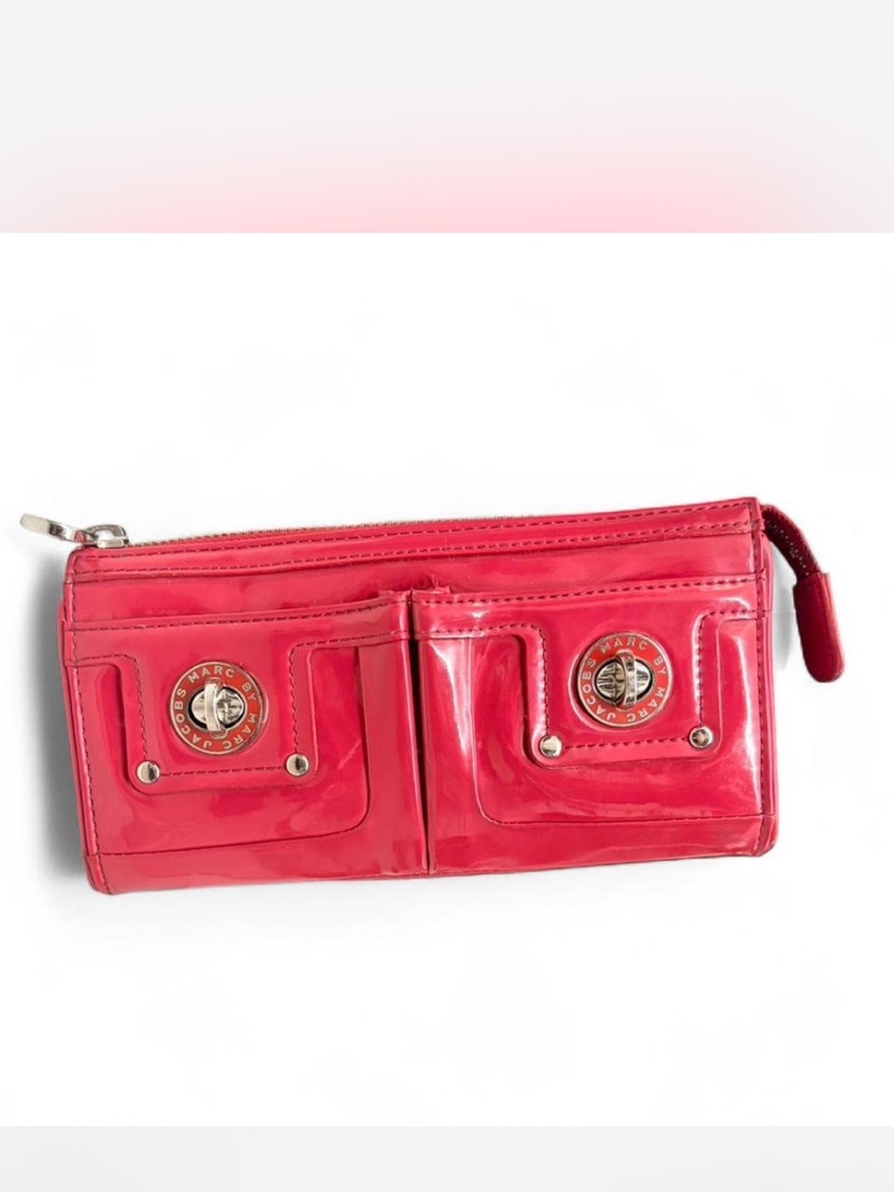 Marc by Marc Jacobs Bright Red Patent Leather Zip Wallet with Turn-Lock Pockets